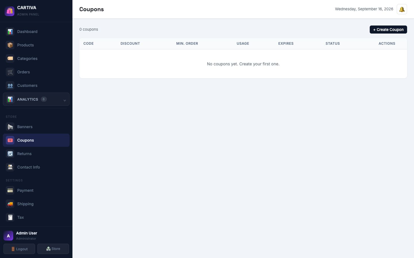 Admin Coupons page listing discount codes with type, value, and usage
