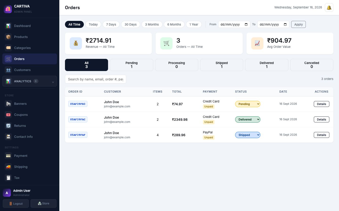 Admin Orders page with status filter tabs, a searchable order table showing customer, total, payment method, and a status dropdown per order