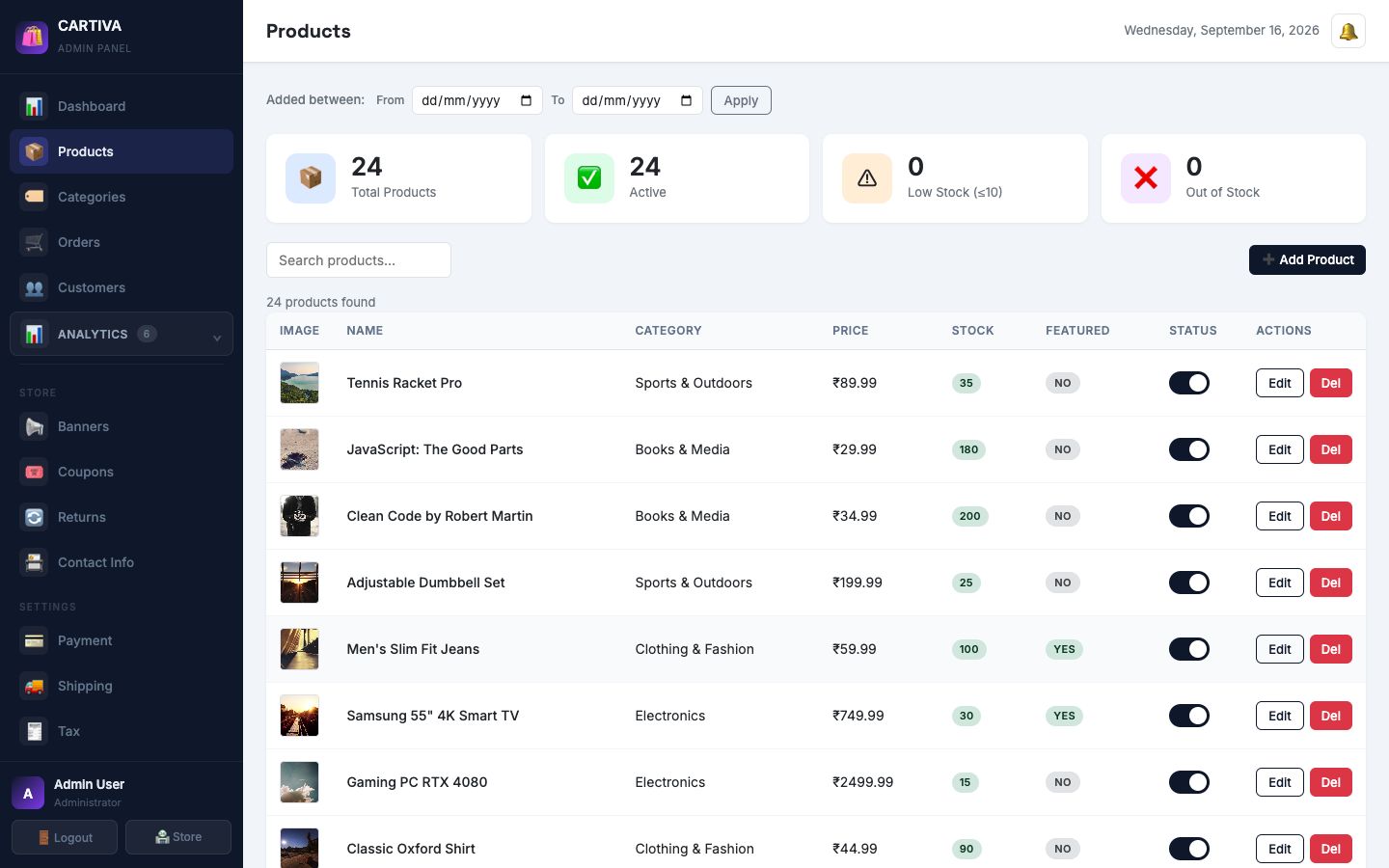 Admin Products page with a searchable product table, stock levels, and edit actions