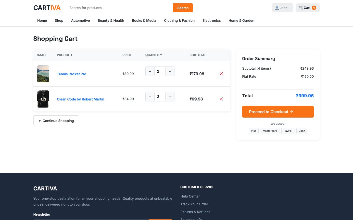 Shopping cart with two items, quantity controls, and an order summary