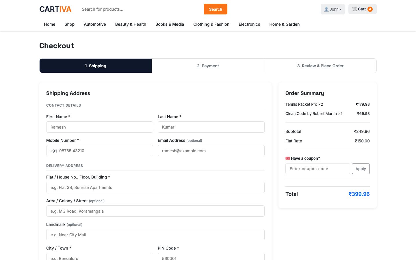 Three-step CARTIVA checkout showing the Shipping step with a full address form and an order summary with a coupon code field
