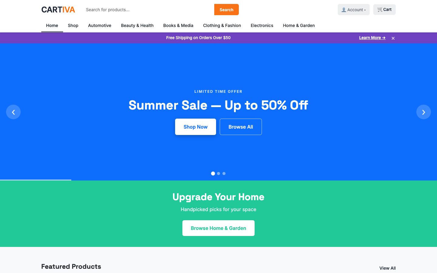 CARTIVA storefront home page with a hero banner slider, a promotional category strip, and a featured products grid