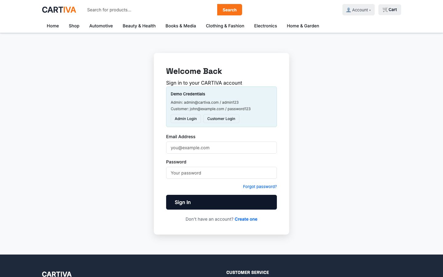 CARTIVA login page with demo credentials and quick-fill Admin/Customer login buttons