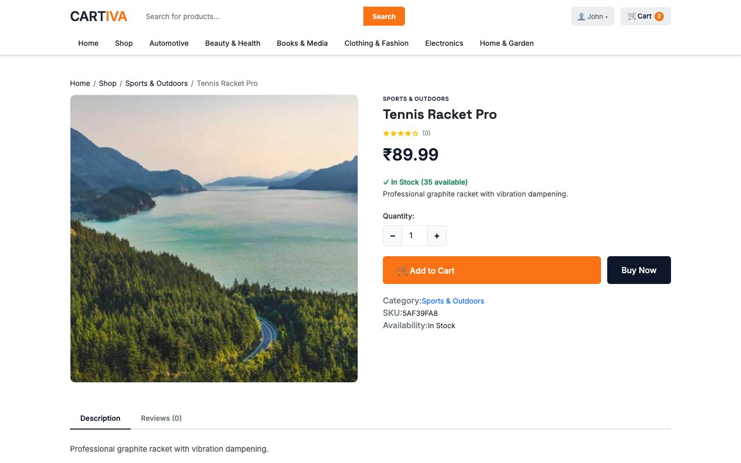 Product detail page with image, price, stock, quantity picker, Add to Cart and Buy Now buttons