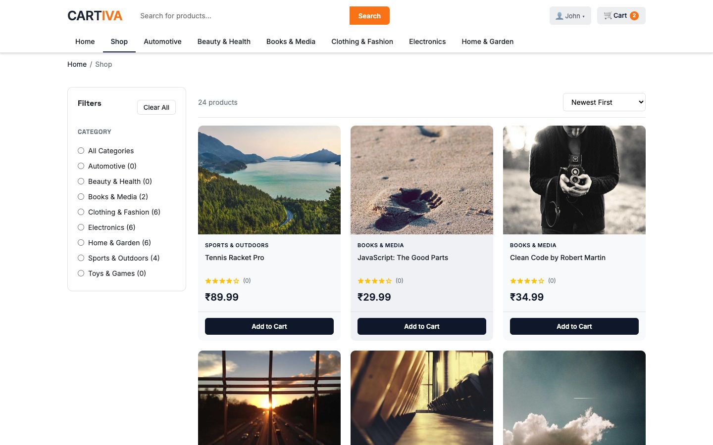 Shop page with category filters, sort options, and a product grid